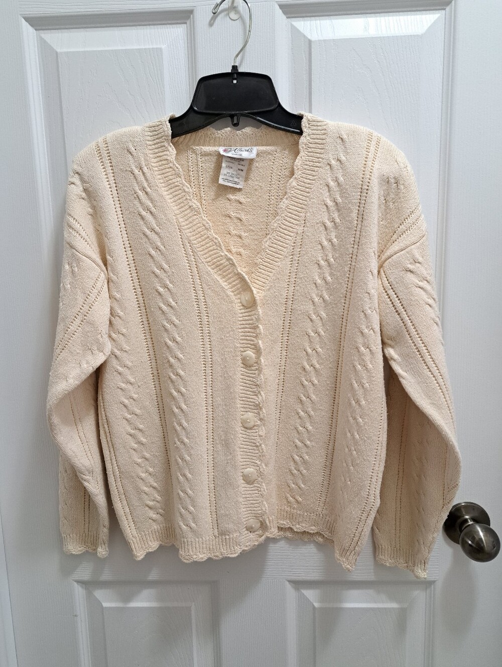 Vintage Cream Cable Knit Cardigan Size Medium Scalloped Silk Cotton Cottagecore